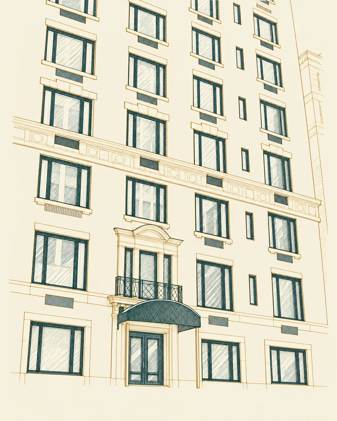 Architectural drawing of the visible facade at 1045 Park Avenue